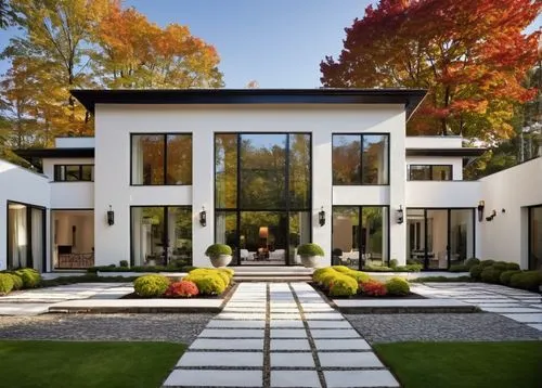 Northeastern architecture, modern villa, luxurious residence, grand entrance, symmetrical facade, white stone walls, black metal frames, large windows, rectangular shapes, flat roof, lush greenery sur