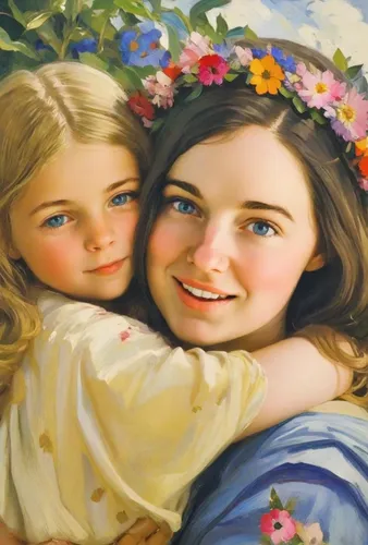 A seven-year-old blonde daughter in the arms of a young brunette mother. They look at us and smile. There are wreaths with bright wildflowers on the head. Image in the style of Boris Kustodiev. Multil