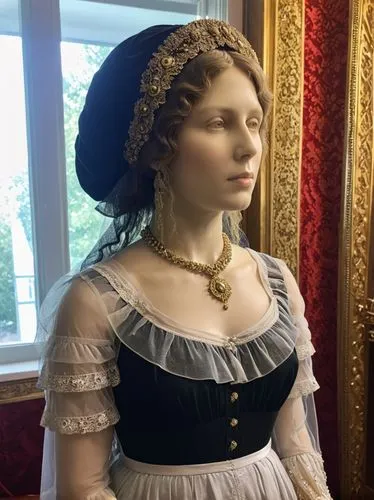 Black and white photo of the pale wax figure of Marie of Romania in the wax museum in Bucharest,a statue wearing a historical outfit standing in front of a window,victorian lady,perugini,beautiful bon