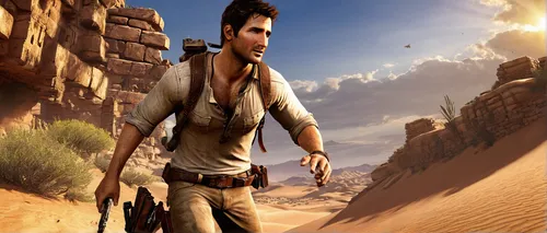 Nathan Drake character, male adventurer, rugged style, brown hair, half-tuck shirt, holster, cargo pants, climbing action, ancient ruins, desert environment, sand texture, weathered structures, treasu