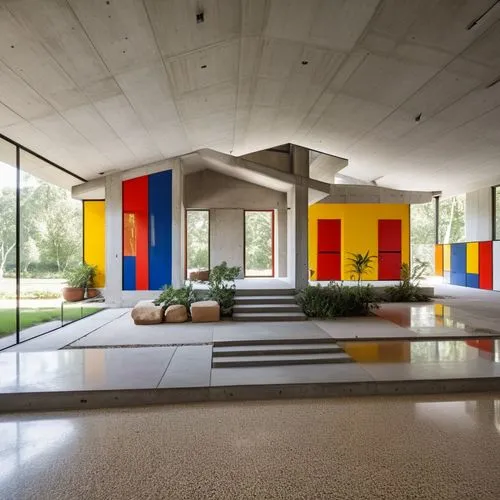 a large room with many colorful panels and plants in the corner,corbusier,corbu,niemeyer,bauhaus,gemeentemuseum,kimbell,Photography,General,Realistic