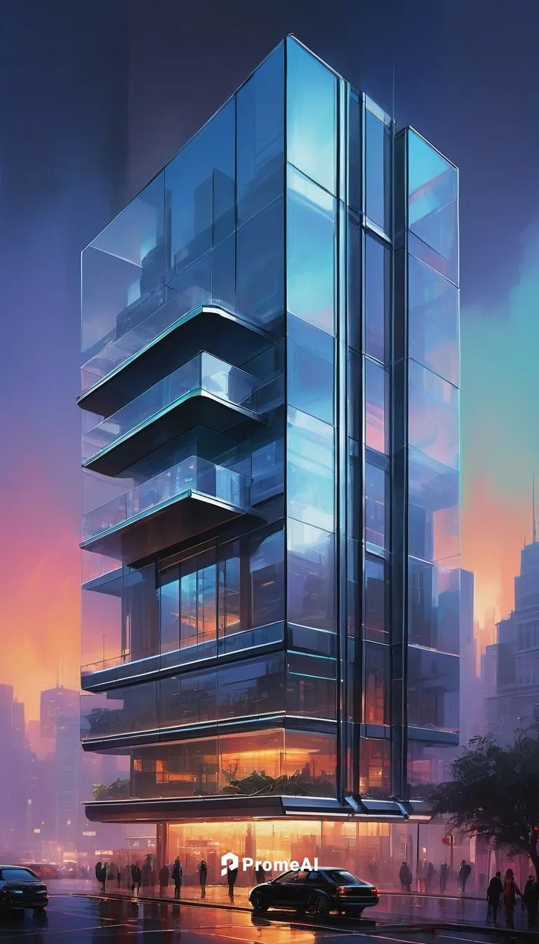 Modern 2-tier 3-tier architecture, futuristic building, sleek glass exterior, silver metal frames, geometric shapes, clean lines, minimalist design, urban cityscape, metropolitan atmosphere, evening l