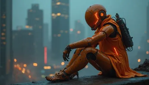 Futuristic cyborg, orange metallic fabric, high-tech armor, intricate circuit patterns, neon-lit accents, sleek robotic legs, mechanical arms, glowing orange eyes, dynamic pose, urban cityscape, skysc