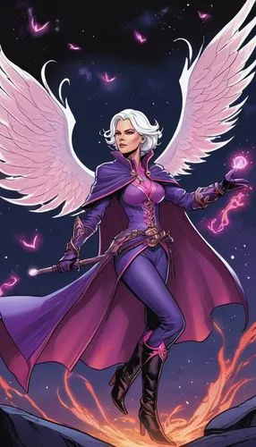 2D Comic portrait of a cartoon Charlize Theoren as a white-haired mage in a dark purple and pink fully-covered outfit, gloves and shoulder-pads, casting spells and flying in the middle of magic world.