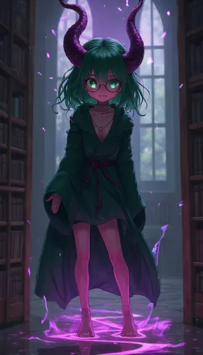 Purple flames drip down onto the floor and run like a stream of water.,this is an anime scene with a demon wearing a green dress,schierke,schierholtz,schierstein,haunebu,librarian,chihiro