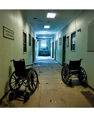 Spooky abandoned asylum, eerie darkness, flickering fluorescent lights, old rusty medical equipment, broken wheelchairs, creepy whispers, creaking doors, haunted corridors, 3D audio sound effects, lou