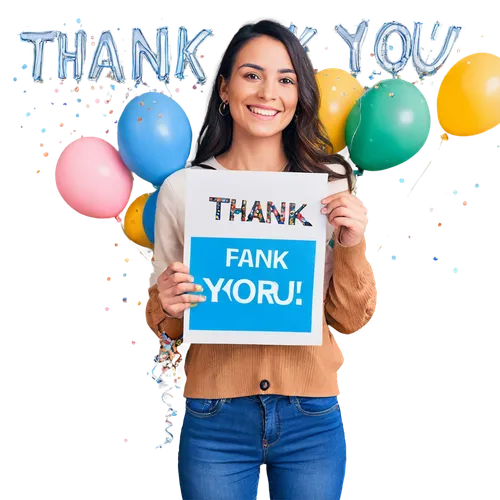 Hand holding sign, "Thank You", bold font, colorful background, confetti, balloons, smiling face, casual outfit, relaxed pose, soft focus, warm lighting, shallow depth of field, vivid color tone, 3/4 