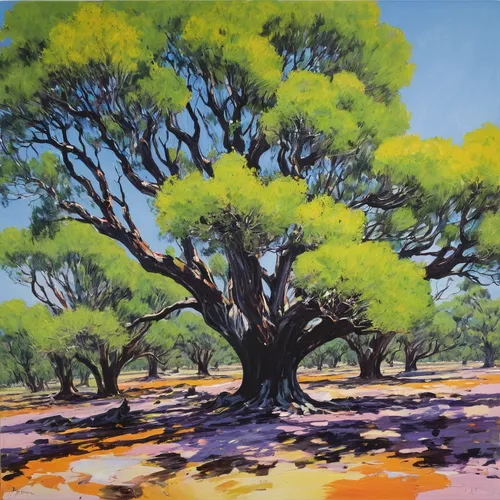 Describe the sounds, smells, and textures of Yoshua Tree National Park during a scorching summer day.,argan trees,argan tree,painted tree,california live oak,olive tree,jacaranda trees,rosewood tree,g