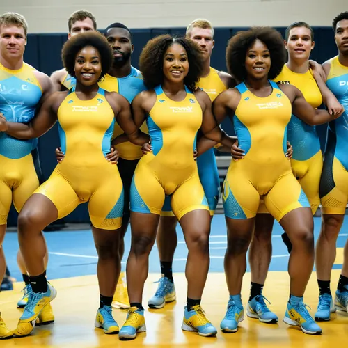 ten thick thigh gorgeous ebony women's and men's college wrestling team wearing yellow and iceblue knee length spandex cycling biketards spreading legs toward camera
,collegiate wrestling,wrestling si