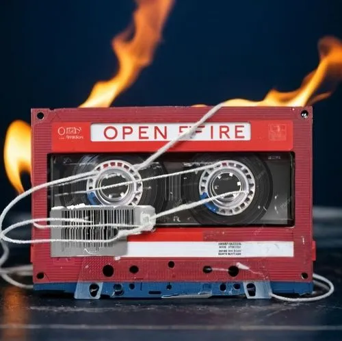 Cassette tape labels that reads "Open Fire",Grunge style,  Red and white color pallette, ,an old style cassette is burning while holding a string,open flames,mix tape,mixtape,radio cassette,cd burner,