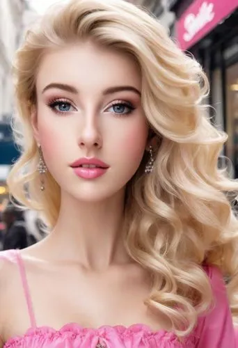 Beautiful blonde lady dressed as Barbie going shopping in real life, in a rainy London street,realdoll,barbie doll,doll's facial features,barbie,fashion dolls,female doll,artificial hair integrations,