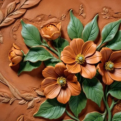 terracotta flower pot,floral ornament,orange floral paper,patterned wood decoration,orange flowers,wood and flowers,Photography,General,Realistic