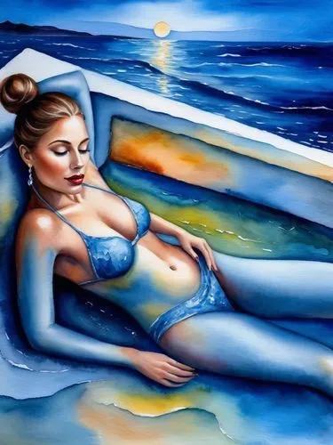 Moonlit Serenity by the Sea ,Passion Sexy Painting ,Naked Woman  Abstract Body Art Oil Painting
,amphitrite,nereid,bather,glass painting,bodypainting,girl on the boat,watercolor pin up,sirene,body pai