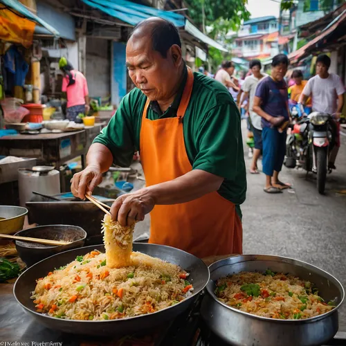 "15 NOVEMBER 2016 - GEORGE TOWN, PENANG, MALAYSIA: A street food vendor makes fried rice on Kimberly Street, one of George Town's better known ""food streets."" George Town is a UNESCO World Heritage 