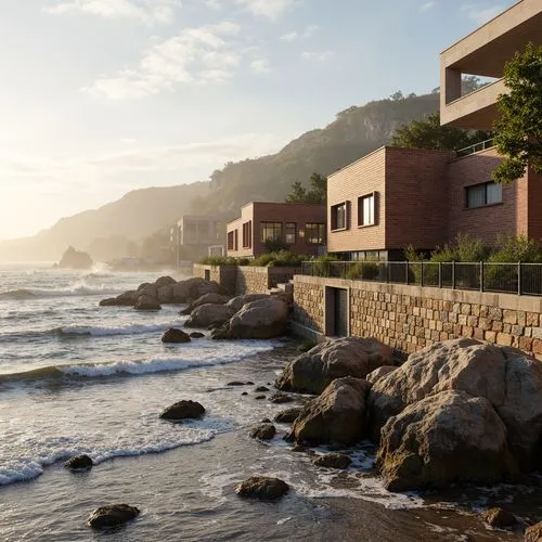 Rugged coastal scenery, crashing waves, salty air, weathered brick facades, sturdy stone foundations, robust mortar joints, textured brick patterns, earthy color palette, natural stone walls, reinforc