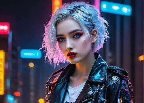 punk,cyberpunk,grunge,neon makeup,neon light,colorful background,80s,neon lights,retro girl,portrait background,neon,cool blonde,retro woman,persona,denim jacket,neon arrows,neon sign,aura,pompadour,retro styled,Art,Artistic Painting,Artistic Painting 20