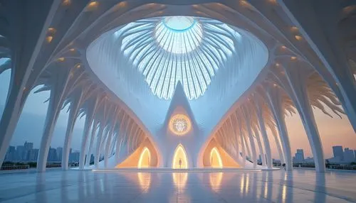 Modern religious architecture, fibreglass material, translucent dome, intricate patterns, stained glass effect, sacred geometry, grand entrance, sweeping arches, minimalist interior, ambient lighting,