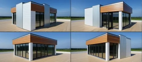 trade pavilion with 4 sides in the same style. White horizontal metal panels, large windows, dark gray frames, trim with vertical bars in light wood color.  The background is neutral gray.,four pictur