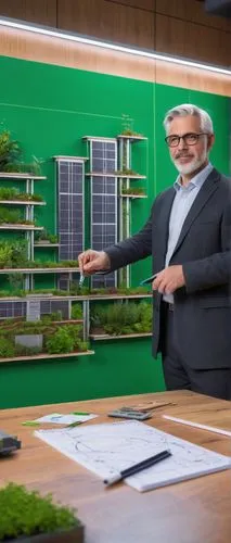 Modern university professor, middle-aged man, bespectacled, gray hair, formal attire, standing in front of a green screen, holding a marker, pointing at a diagram of sustainable building, lecture hall