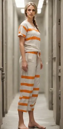 full body side view:(female prisoner)(barefooted, barefoot, bare feet, bare toes, natural toenails)(normal ideal human proportions, real human proportions)(medium buxom)(neutral expression, natural fa