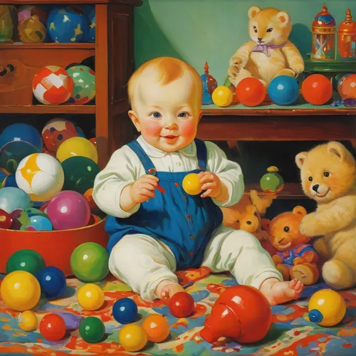 Create a whimsical scene where an adorable little baby giggles and plays with colorful toys.,baby playing with toys,baby toys,ball pit,children toys,children's toys,children's background,child portrai