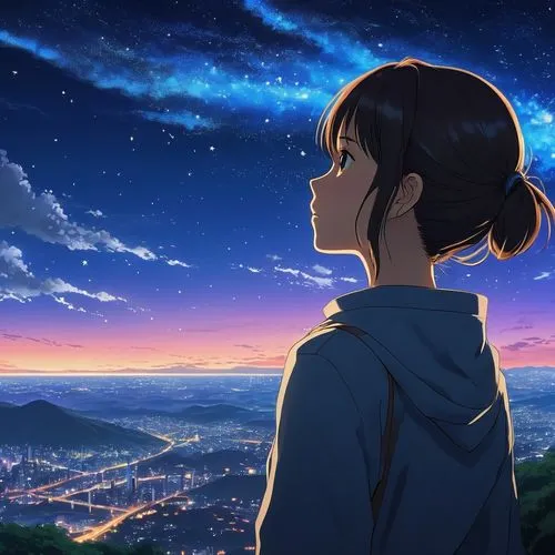 tanabata,clear night,night sky,dusk background,the night sky,azusa,starry sky,overlooking,chihaya,star sky,stargazing,sky,megumi,the horizon,dusk,above the city,nightsky,falling stars,tamako,hikari,Illustration,Japanese style,Japanese Style 14