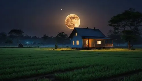 There is a house in the middle of a field, full moon night, Kerala village in moonlight, photo taken at night on a moonlit night, night time, surreal landscape, night rendering, inspired by Gregory Cr