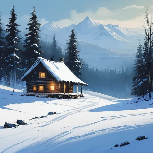 winter house,the cabin in the mountains,house in mountains,small cabin,mountain hut,log cabin,snow house,mountain huts,lonely house,house in the mountains,log home,winter landscape,winter background,snowy landscape,christmas landscape,snow landscape,home landscape,cottage,alpine hut,christmas snowy background,Illustration,Paper based,Paper Based 05