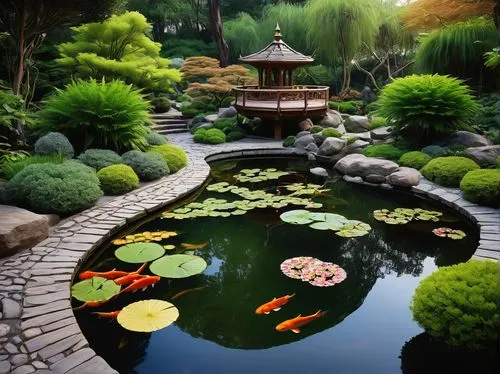 garden pond,lily pond,koi pond,lilly pond,lotus pond,japanese garden,Illustration,Realistic Fantasy,Realistic Fantasy 45