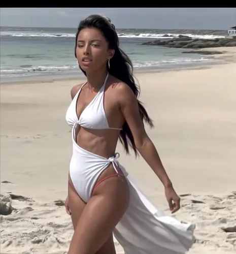 Full body image.  She arrives at the beach.  She wears a white, sexy one-piece swimsuit with a deep neckline.  Above the swimsuit, a colorful beach skirt is tied.  She wears white slippers.,tinashe,as