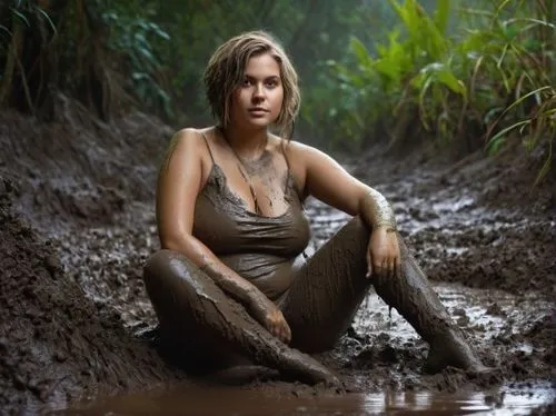 a young woman is sitting in the mud and is covered in mud,mudbath,mud,chubby,young girl,muddy