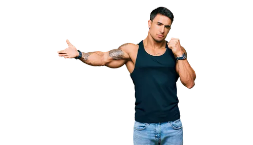 Muscular bodybuilder, standing, flexing, sweaty skin, ripped muscles, strong jawline, intense gaze, messy short hair, tattoos on arms, chest, and back, black tank top, torn blue jeans, silver chain ne