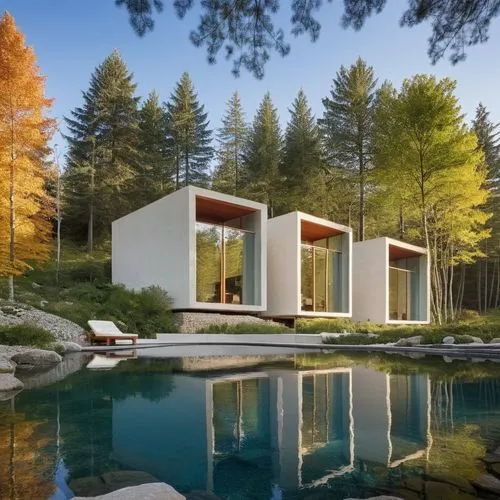 Diseño de 3 cabañas, estilo mínimalista a base de cubos recubiertos de lámina de acero con un ventanal panorámico qué mira  un lago, agua azul, reflejos, sombras, corrección de herrores, proporción, f