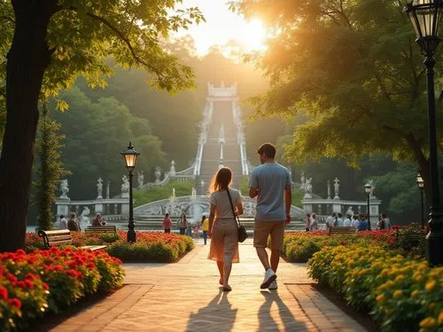 Strolling visitor, Baroque style park, afternoon sun, warm golden light, lush greenery, ornate fountains, grand staircase, intricate stone carvings, vibrant flower beds, walking along winding paths, b