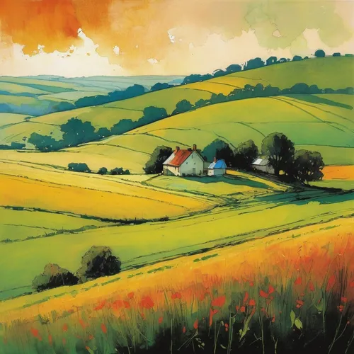 farm landscape,rural landscape,exmoor,meadow landscape,hayfield,home landscape,gable field,south downs,yorkshire,dorset,green meadows,green fields,meadow in pastel,derbyshire,rolling hills,fields,landscape,devon,sussex,yellow grass,Illustration,Paper based,Paper Based 12