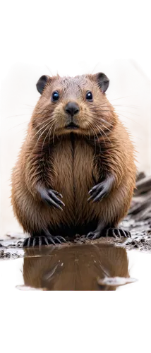 Beaver, free, wild, semi-aquatic, brown fur, flat tail, webbed hind legs, whiskers, cute eyes, busy building dam, sticks and mud, water reflection, morning mist, warm sunlight, 3/4 composition, shallo