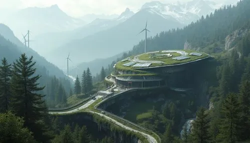 winding roads,alpine drive,futuristic landscape,winding road,highway roundabout,hairpin,mountain pass,mountain highway,superhighways,rivendell,helipad,mountain road,futuristic architecture,trackmania,hairpins,ringworld,highways,earthship,arcology,mountain settlement,Photography,General,Realistic