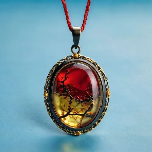 criar pingente com moldura de metal e cordão preto, resina nas cores vermelho e amarelo com toques de brilho em ouro,a pendant that looks like a tree with red leaves inside,red heart medallion,agate c