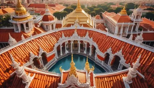 Baroque architectural style, grand palace, ornate roof, intricate carvings, golden ornaments, red terracotta tiles, curved lines, symmetrical composition, dramatic lighting, afternoon sun, warm color 