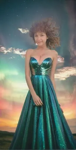 Vestida de gala con vestido brillante con aplicaciones plateadas, de fondo el cielo con los colores de una Aurora boreal ,celtic woman,bjork,digital compositing,chromakey,fantasy woman,green screen,im