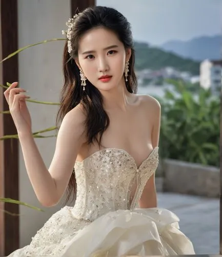 刘亦菲,a woman in a white dress with long sleeves and large ,qiong,bridal dress,miss vietnam,wedding dress,bridal gown,yingjie,Photography,General,Realistic