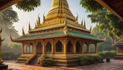 Burmese architectural design, traditional Myanmar style, intricate carvings, golden stupas, tiered roofs, ornate wooden doors, vibrant colored tiles, symmetrical composition, serene atmosphere, misty 