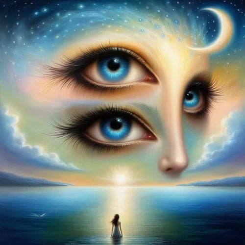 cosmic eye,third eye,all seeing eye,the eyes of god,mirror of souls,the blue eye,women's eyes,eye ball,surrealism,parallel worlds,the illusion,distant vision,eye,golden eyes,self hypnosis,psychedelic art,skywatch,surrealistic,esoteric,ojos azules,Illustration,Realistic Fantasy,Realistic Fantasy 01