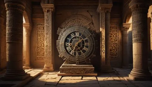 Ancient Sumerian-style clock, intricate stone carvings, golden hour markers, complex gear system, roman numerals, ornate metal framework, mystical symbols etched on the face, dimly lit, mysterious atm