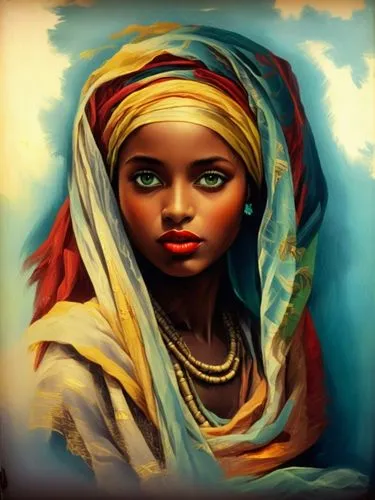 a painting of a woman wearing a headscarf,ethiopian girl,african woman,afar tribe,tahoua,nubian,comorian,Illustration,Realistic Fantasy,Realistic Fantasy 21