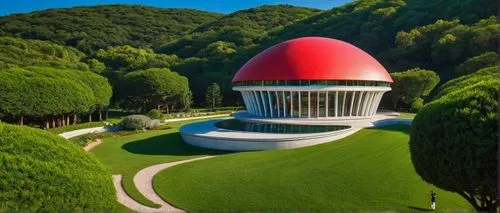 Mushroom-shaped building, Mario Botta style, modern architecture, curved lines, vibrant colors, bright red roof, white walls, large windows, rounded doors, intricate stone carvings, Italian-inspired d