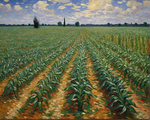 Imagine a dystopian future where corn is the only surviving crop. Describe a desolate corn field.,corn field,cultivated field,field of cereals,cornfield,agricultural,maize,wheat crops,grain field,agri