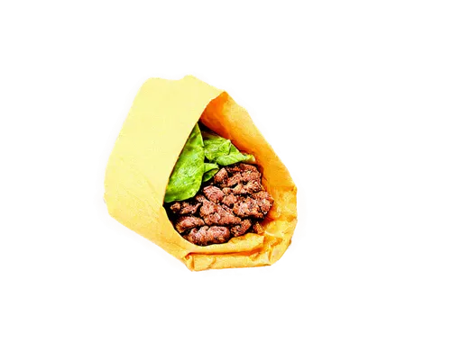 Cute burrito, wrapped in yellow tortilla, beef and cheese filling, fresh cilantro on top, soft gentle folds, round shape, steam rising, morning sunlight, 3/4 composition, shallow depth of field, warm 