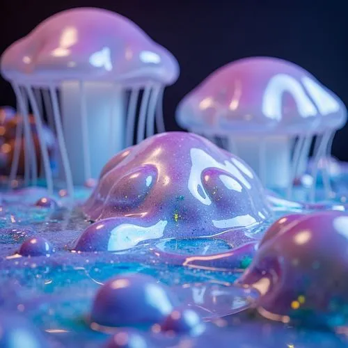 mushroom landscape,waterdrops,water drops,slimes,dewdrops,mycena,3d render,jellyfish,droplets,dew droplets,cinema 4d,drops of water,drops,jellies,dew drops,water droplets,hydrogel,nauplii,mushrooms,water pearls