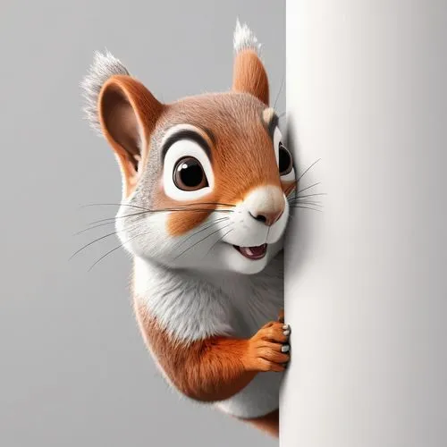 only the head of a squirrel peeks out from around the corner of a white wall, realistic 3d picture,squirell,cute cartoon character,squirrel,chipmunk,cute cartoon image,atlas squirrel,surprised,the squ